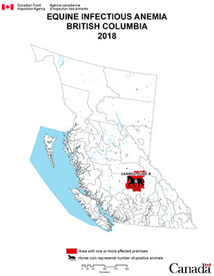 Map - Equine Infectious Anemia 2018, British Columbia. Description follows.
