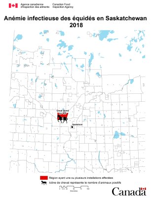 Carte - anémie infectieuse des équidés en Saskatchewan 2018. Description ci-dessous