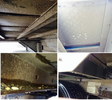 Comparison of a dirty undercarriage versus a clean undercarriage.