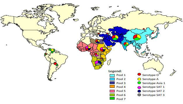 Carte de distribution des sérotypes et des sept bassins de virus de fièvre aphteuse dans le monde entre 2010 et 2012. Description ci-dessous.