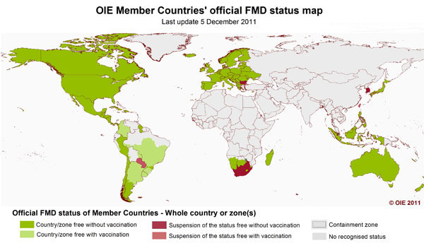 Map of active outbreaks of foot-and-mouth disease in the world in 2011. Description follows.