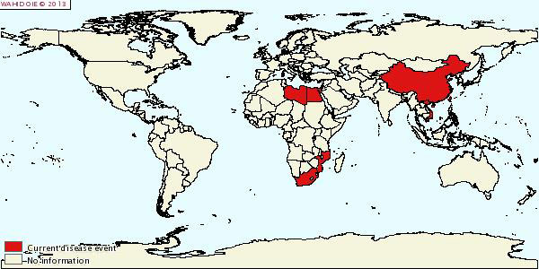 Map of active outbreaks of foot-and-mouth disease in the world in July to December 2012. Description follows.