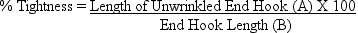 % tightness equals length of unwrinkled end hook (A) times 100 divided by end hook length (B)