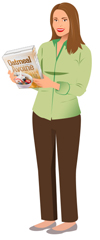 Femme lisant les renseignements fournis à l'arrière d'une boîte de céréales à l'avoine.