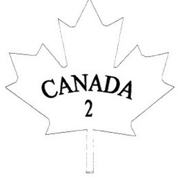 Contour d'une feuille d'érable dans le centre de laquelle figure, en majuscules, le mot CANADA et en-dessous le chiffre 2.