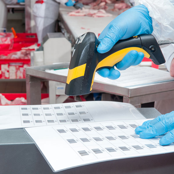 An inspector is in a warehouse scanning sheets of barcodes.