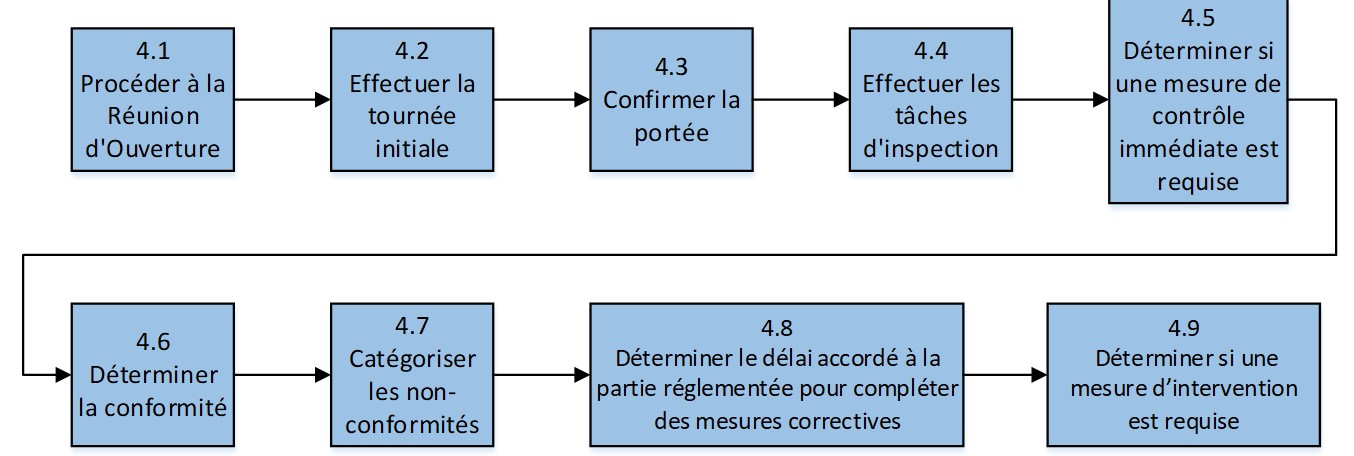 Figure 4. Effectuer l'inspection consiste de 9 étapes représentées par 9 cases. Description ci-dessous.