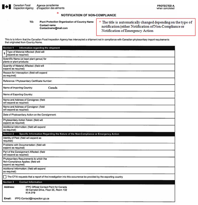 Format for notifications issued by the Canadian Food Inspection Agency. Description follows.