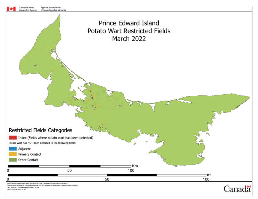 Picture - Figure 13: Map of PEI with restricted field categories, provided by CFIA to IAP. Description follows.
