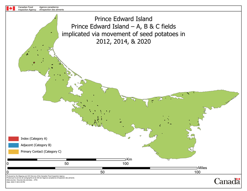 Picture - Figure 15: Map of Regulated Fields due to movement of seed potatoes, provided by CFIA to IAP. Description follows.