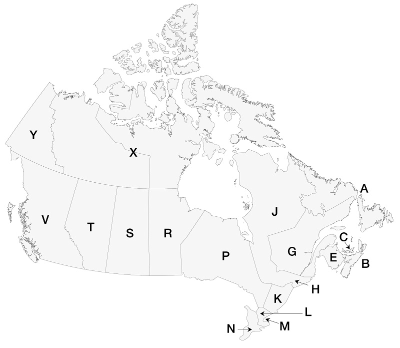 List of provinces and first letter of postal code. Description follows.