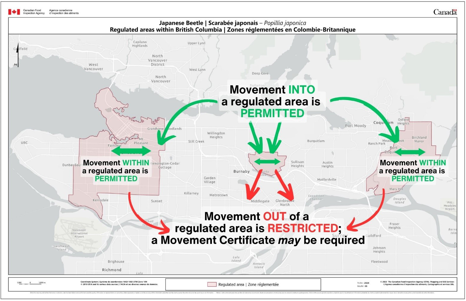 Zones réglementées à l'égard du scarabée japonais en Colombie-Britannique. Description ci-dessous.
