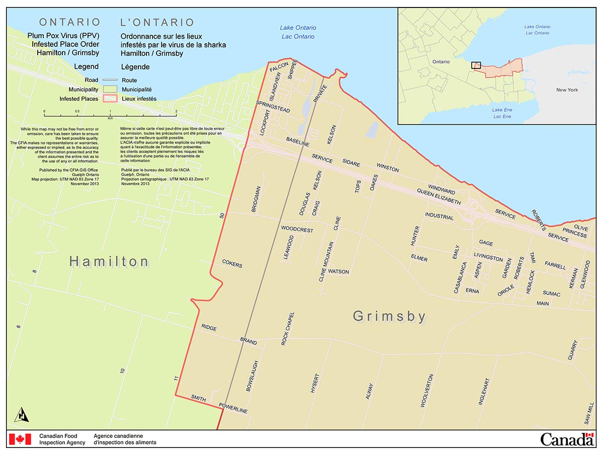 Carte de la Région de la Ville de Hamilton (faisant partie du Niagara, lieu infesté par le virus de la sharka). Description ci-dessous.