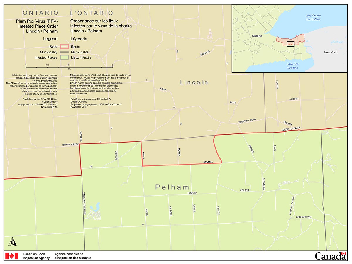 Carte de la Région de la Ville de Pelham (faisant partie du Niagara, lieu infesté par le virus de la sharka). Description ci-dessous.