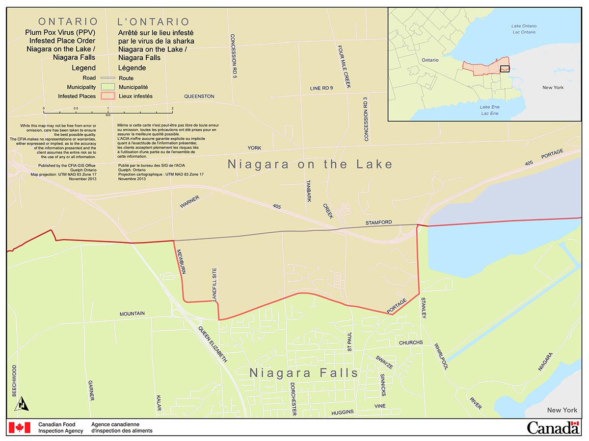 Carte de la Région de la Ville de Niagara Falls (faisant partie du Niagara, lieu infesté par le virus de la sharka). Description ci-dessous.