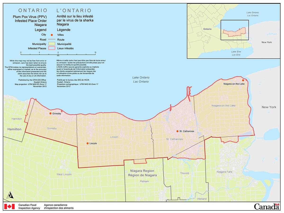 Carte du Niagara, lieu infesté par le virus de la sharka. Description ci-dessous.
