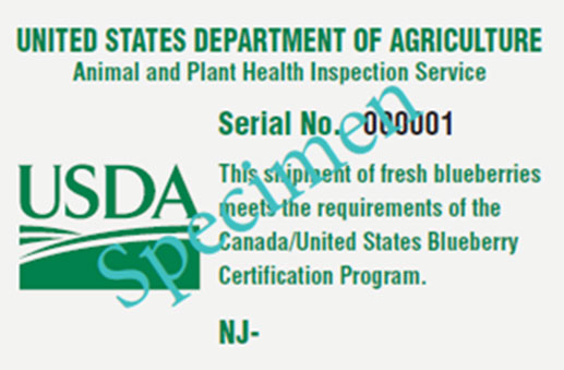 Étiquette de certification de circulation des bleuets des États-Unis. Description ci-dessous.