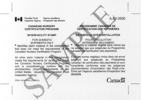 Illustration of the Canadian Nursery Certification Program Interfacility Stamp for Domestic shipments only. Description follows.