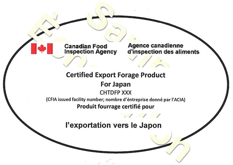 Certified Export Forage Product for Japan. Description follows.