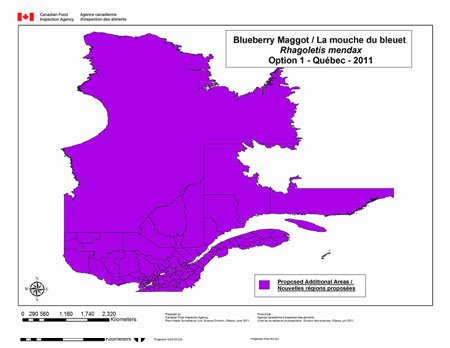 Cette carte représente la province du Québec en entier réglementée à l'égard de la mouche du bleuet dans le cadre de l'option 1 concernant le Québec.