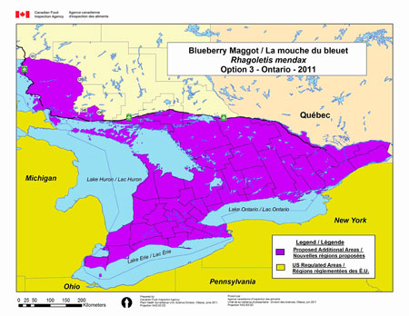 This map depicts the area to be regulated under option 3 for Ontario. The proposed area is all of Ontario south of Highways 17 and 108, 546, 129 and 101.
