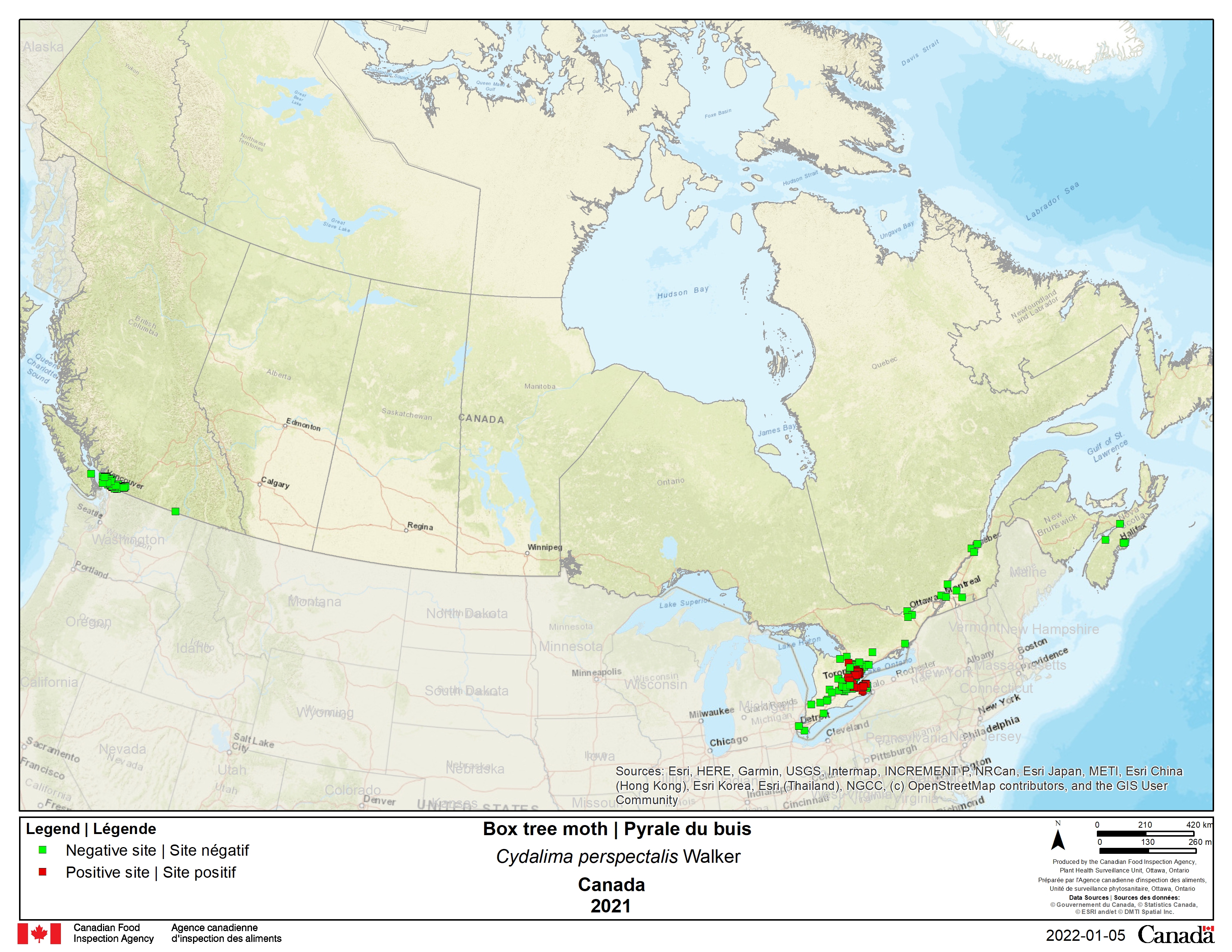 Figure 2 - Box tree moth 2021 survey results for Canada (BC, ON, QC, NS). Description follows.