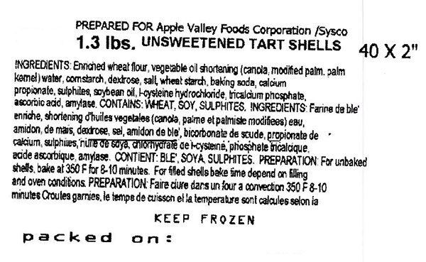 Prepared for Apple Valley Foods Corporation /Sysco - Unsweetened Tart Shells 40 x 2 inch