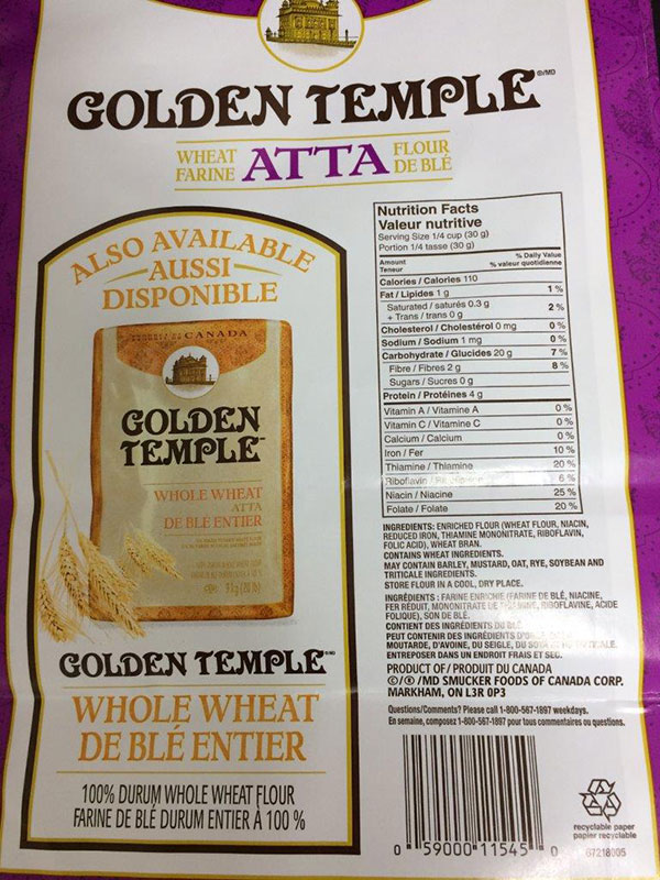 Farine de blé Atta 9 kilogrammes de marque Golden Temple - Verso