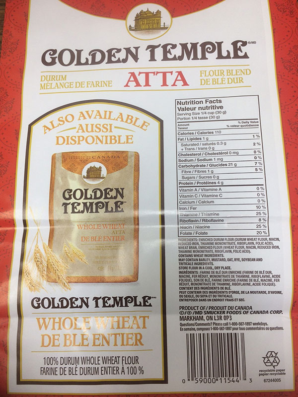 Mélange de farine de blé dur Atta 9 kilogrammes de marque Golden Temple - Verso