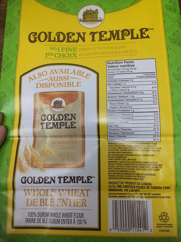 1er choix mélange de farine de blé dur Atta de marque Golden Temple - Verso