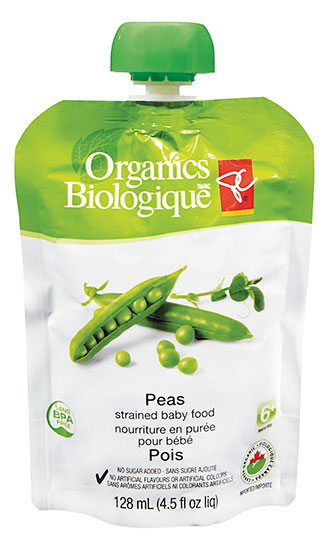 PC Organics Peas strained baby food, 128 millilitres