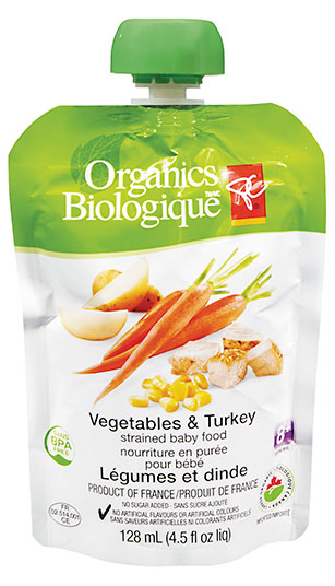 Légumes et dinde nourriture en purée pour bébé de marque PC Biologique, 128 millilitres