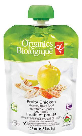 Fruits et poulet nourriture en purée pour bébé de marque PC Biologique, 128 millilitres