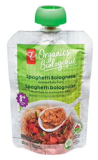 Spaghetti bolognaise nourriture en purée pour bébé de marque PC Biologique, 128 millilitres