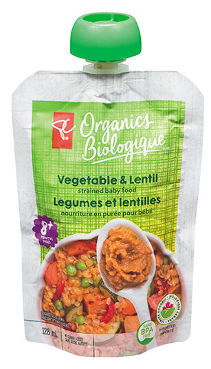 PC Organics Vegetable & Lentil strained baby food, 128 millilitres