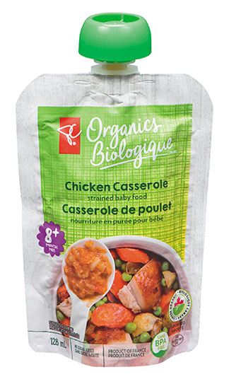 Casserole de poulet nourriture en purée pour bébé de marque PC Biologique, 128 millilitres