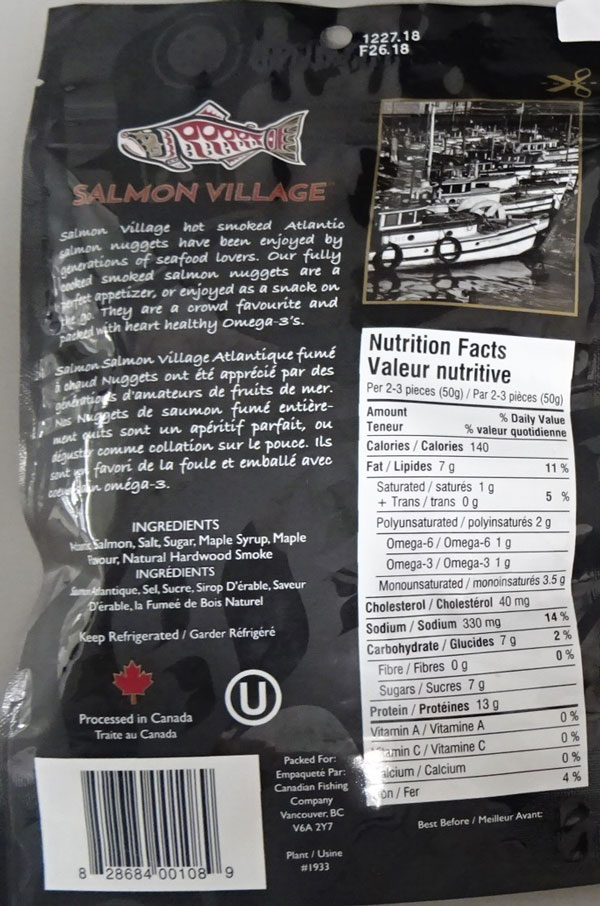 Salmon Village « Saumon atlantique fumé à chaud nuggets - érable » – 150 grammes (verso)