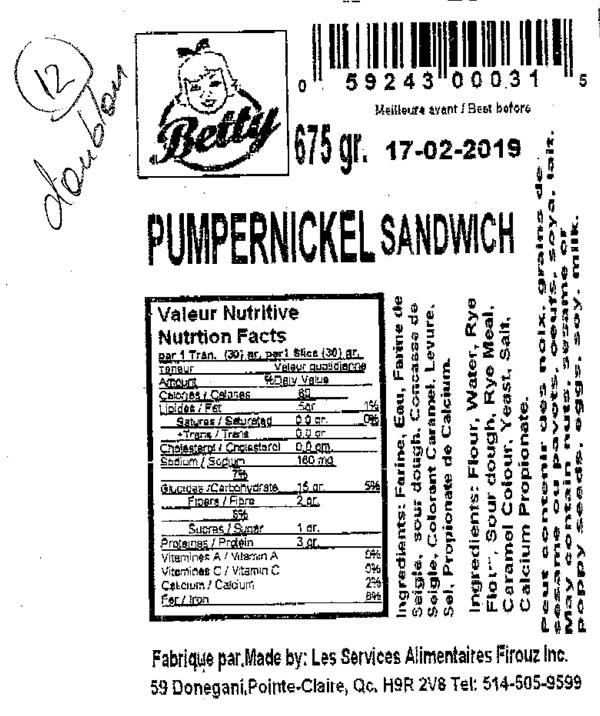 Betty - Pumpernickel Sandwich - 675 grams (double)