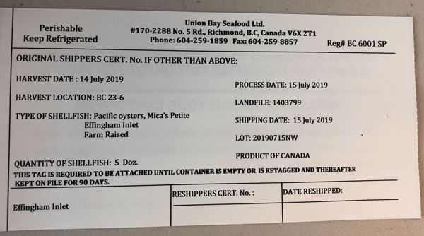 Union Bay Seafood Ltd. – Pacific oysters, Mica's Petite Effingham Inlet – 5 dozen