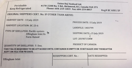 Union Bay Seafood Ltd. – « Pacific oysters Effingham Inlet Xs » – 5 douzaines