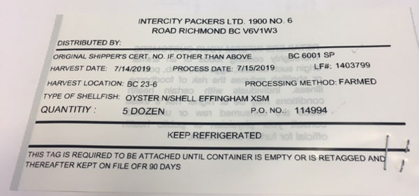 Intercity Packers Ltd. – « Oyster N/shell Effingham XSM » – 5 douzaines
