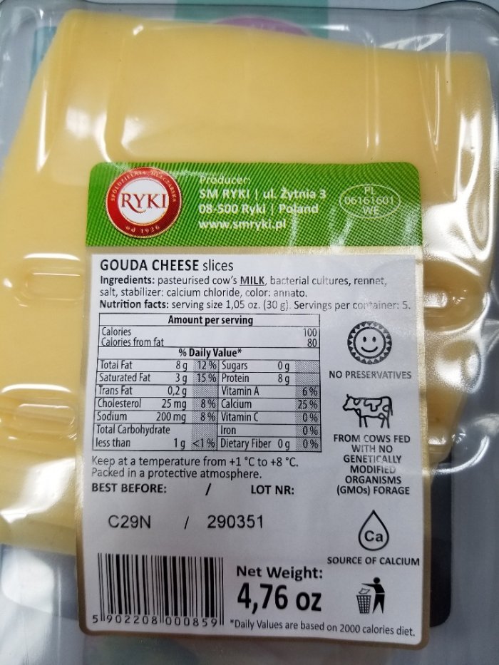 Ryki brand Gouda Cheese Slices - back of package