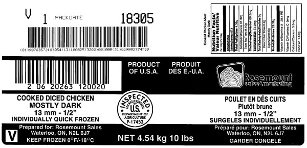 Rosemount Poulet en dés cuits, plutôt brune – 13 mm - ½ po – 4,54 kg (étiquette de l'emballage extérieur)