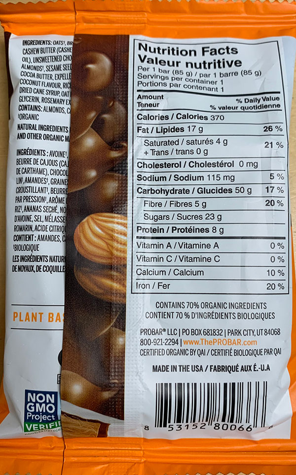 Probar - The Simply Real Bar – Chocolate Coconut Flavour - Nutrition facts