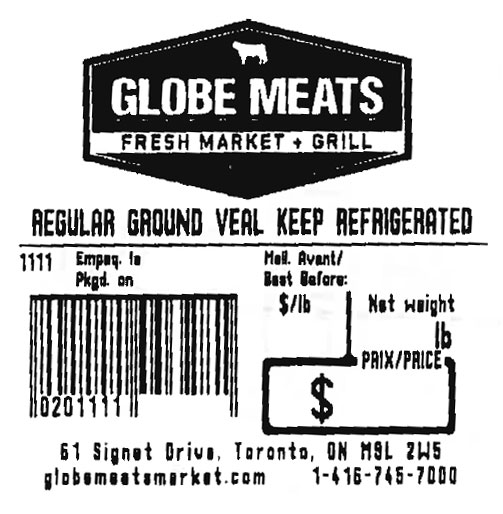 « Regular Ground Veal » de marque Globe Meats Fresh Market & Grill – Variable (étiquette)