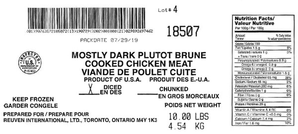 Reuven International, Ltd. « Plutôt brune, viande de poulet cuite) (en dés) » (# 18507) – 4,54 kg