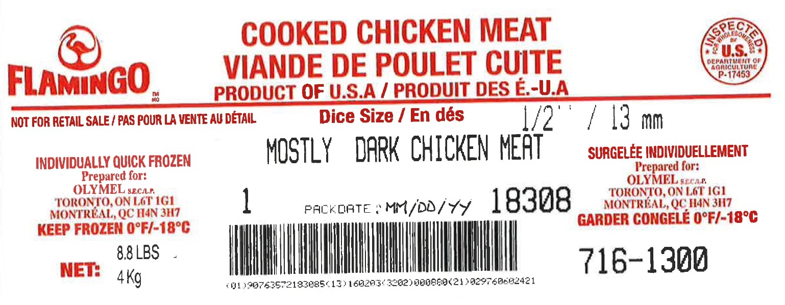 Flamingo - Cooked Chicken Meat – Mostly Dark Chicken Meat – ½” /13 mm Diced (#716-1300) 