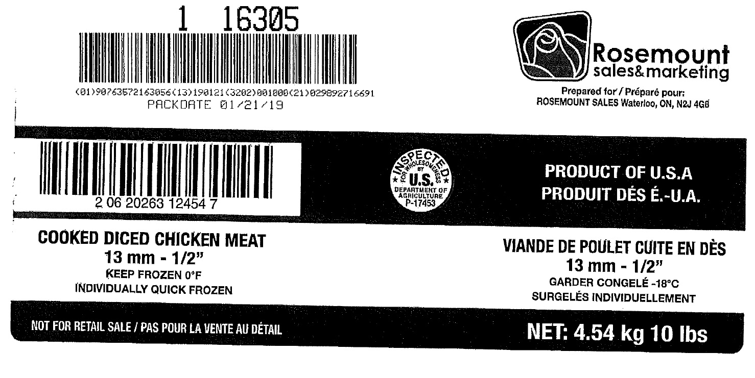Rosemount Ventes et marketing - Viande de poulet cuite en dés de 13 mm – ½ po (#16305)