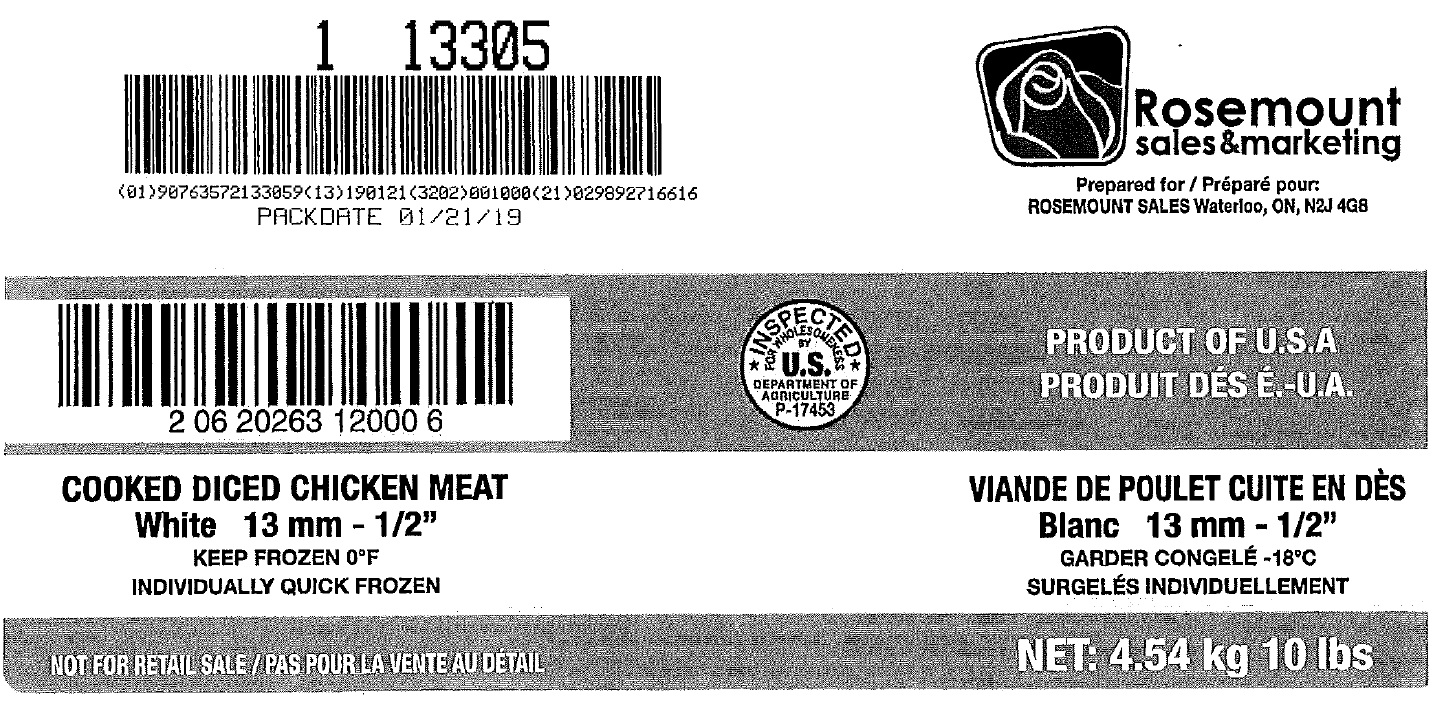 Rosemount Ventes et marketing - Viande blanche de poulet cuite en dés de 13 mm – ½ po (#13305)