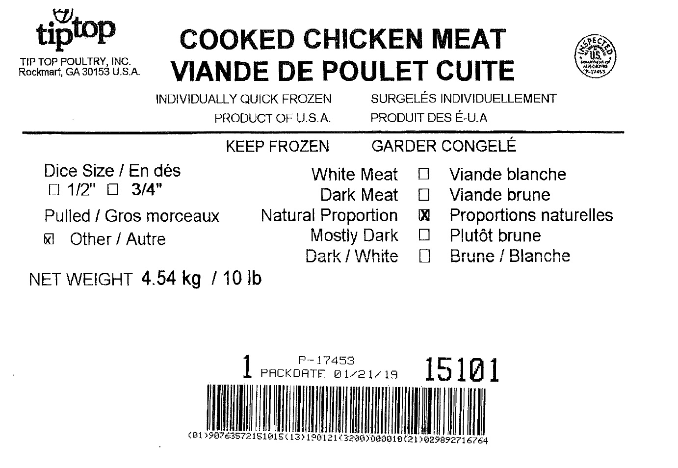 Tip Top Poultry, Inc. - Viande de poulet cuite, proportion naturelle (#15101)
